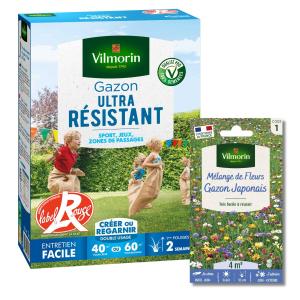 Gazon Ultra Résistant - Label Rouge - 1 kg + Gazon Japonais - 4 m² - Mélange de fleurs